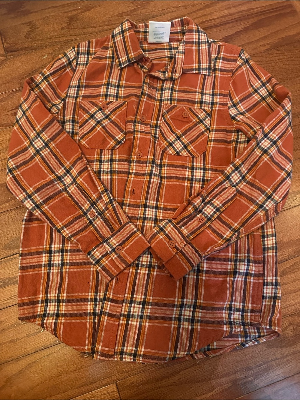 Kids Orange Plaid Button-Up Shirt with Chest Pockets